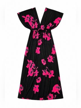 KOH KOH Black Pink Floral Maxi Dress Empire Waist Flowy Stretch Medium